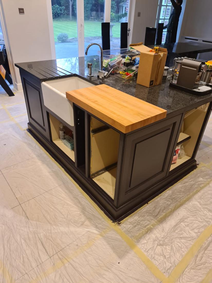 Kitchen island hand-painted in charcoal with oak worktop
